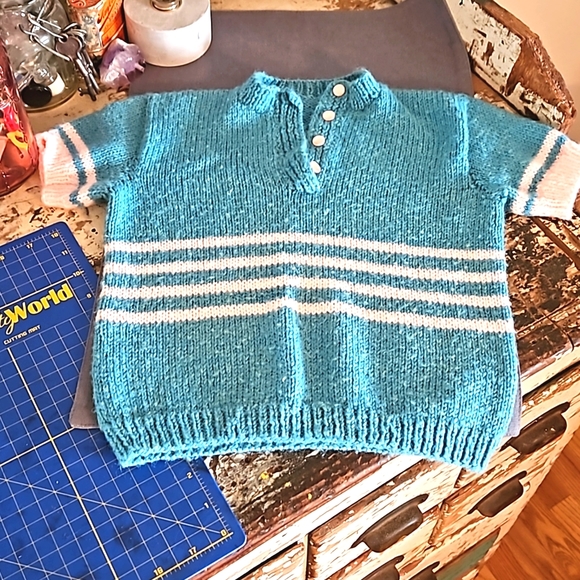 Handmade vintage Kids pullover sweater turquoise pink pearl buttons sweet retro - Picture 2 of 7